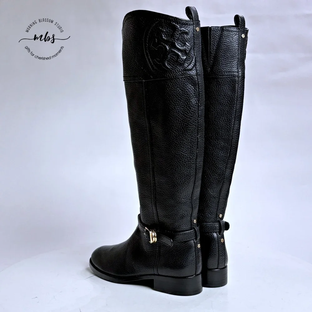 NWOT Tory Burch Thea Riding Boots Equestrian Leather Zip‎ Buckle Black Women 6.5